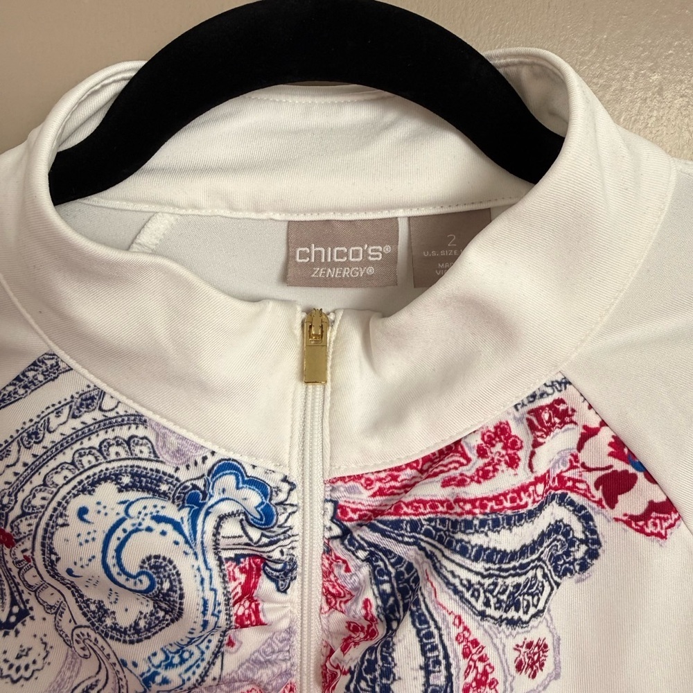 Chico’s RARE rhinestone button Zenergy white/pink/blue blouse L/W sz 2 (12-14) - Picture 6 of 7